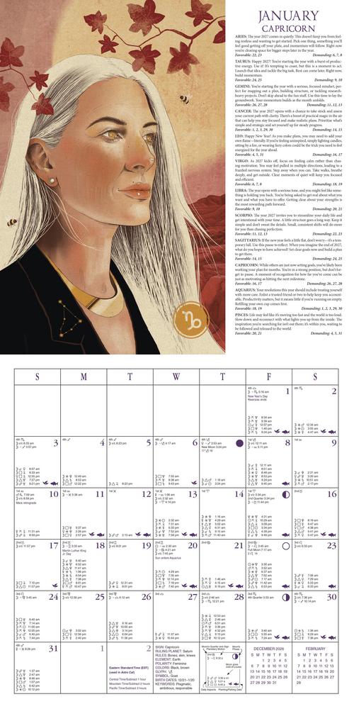 Calendar with a stylized Capricorn zodiac illustration of a woman with white hair and a gold necklace, set against a textured beige background.