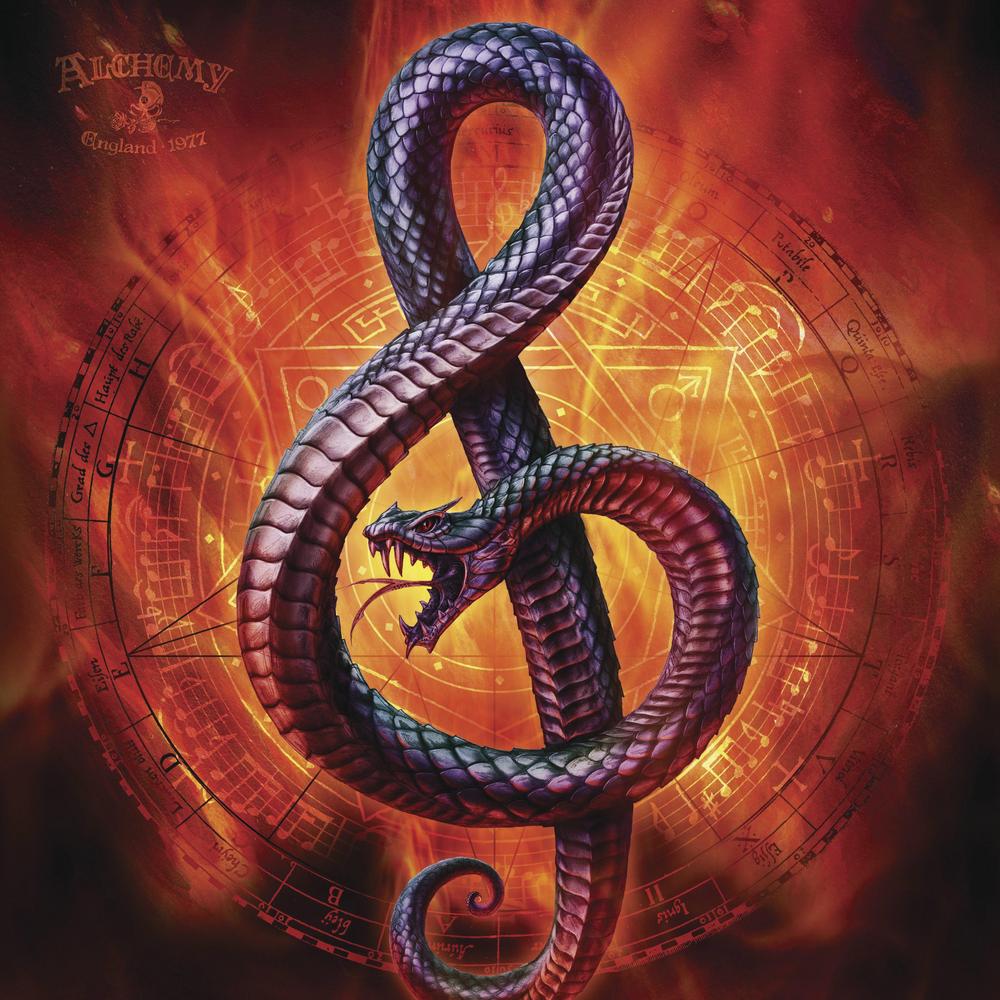 Calendar page featuring snake in the shape of a music clef against fiery backdrop