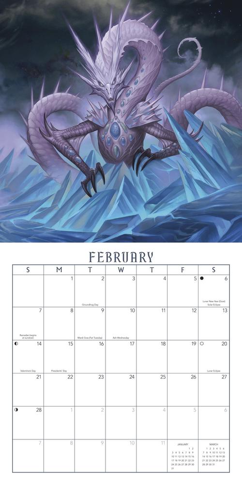 Calendar page for February with a dragon illustration on a dark background