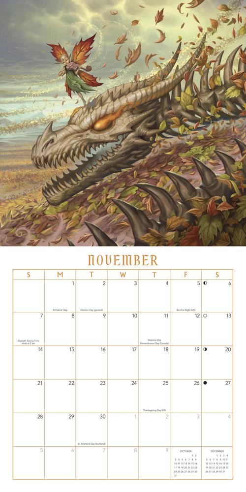 Calendar page for November with a dragon and fairy illustration.