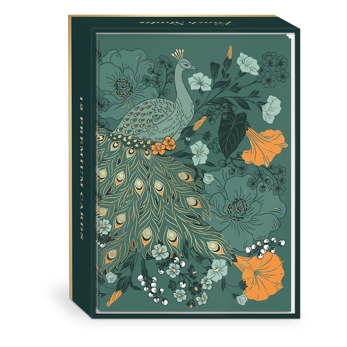 12 Premium Note Cards - teal peacock with orange and green flowers, gold foil accents