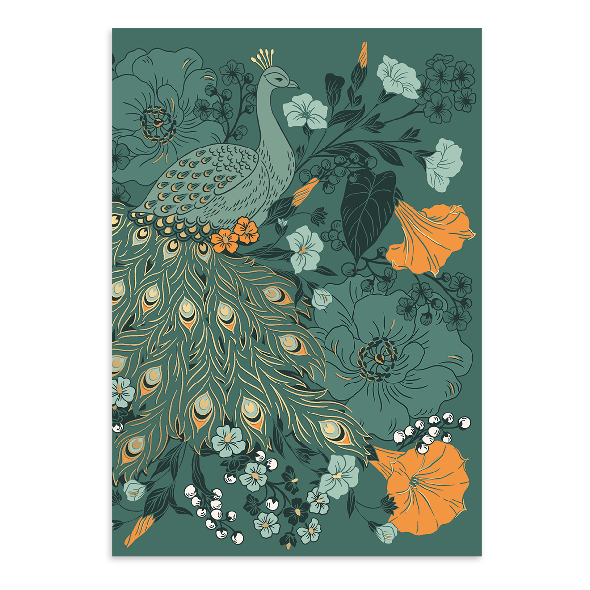 Peacock card in shades of teal and orange with gold foil accents