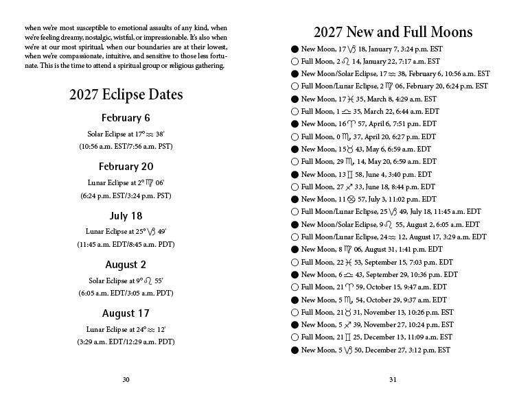 Calendar page with 2027 New and Full Moons and Eclipse dates.