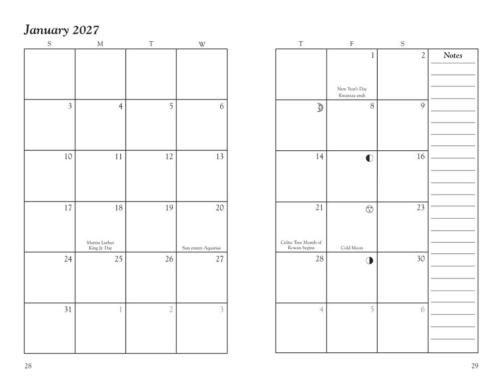 Calendar for January 2027 with notes section on a white background