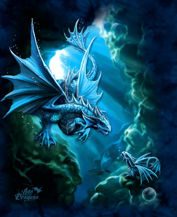 Anne Stokes artwork of parent and child sea dragons in a sunlit underwater cavern