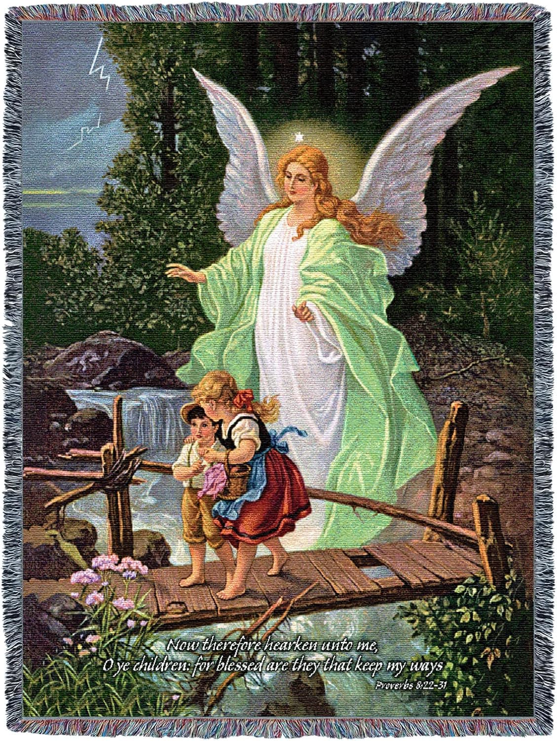 Tapestry blanket of angel in green and white shepherding two children across a bridge