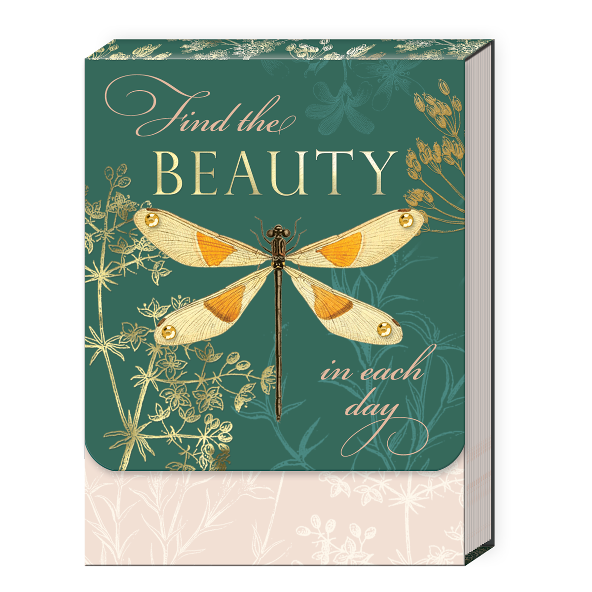 Pocket notepad in teal with gold dragonfly and phrase "Find the Beauty in each day"