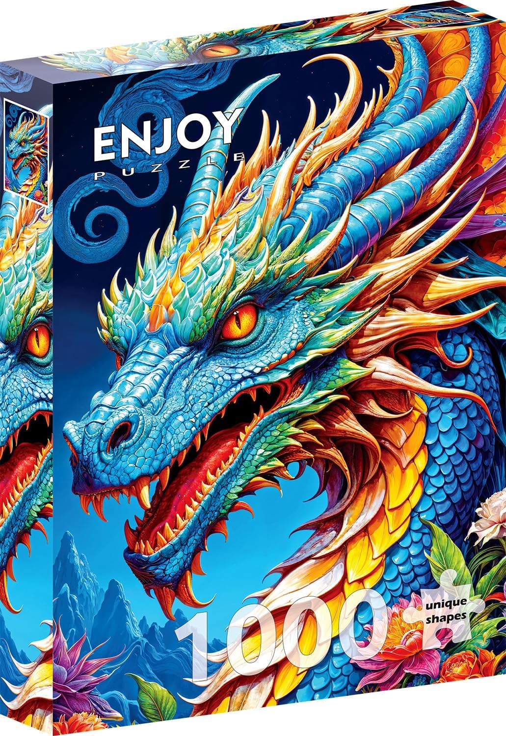 Enjoy Puzzle - 1000 Unique Shaped Pieces - image of a blue dragon with rainbow accent scales