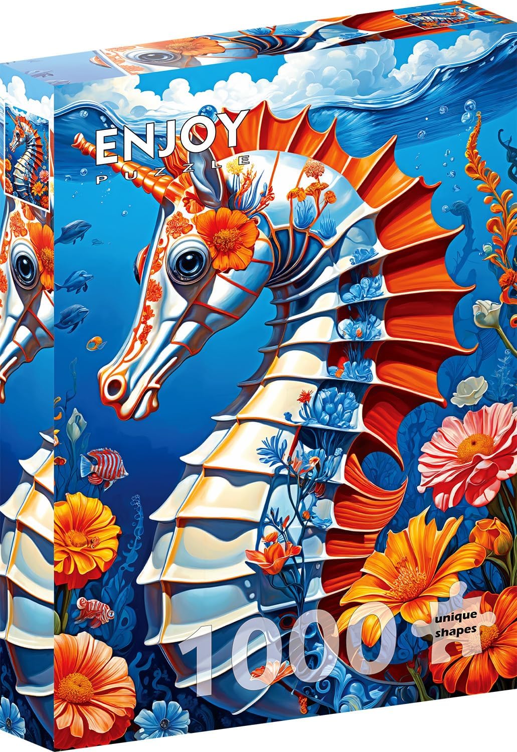 Enjoy Puzzle - 1000 Unique Shaped Pieces - image of white seahorse with orange fins, blue flower accents, surrounded by blossoms underwater