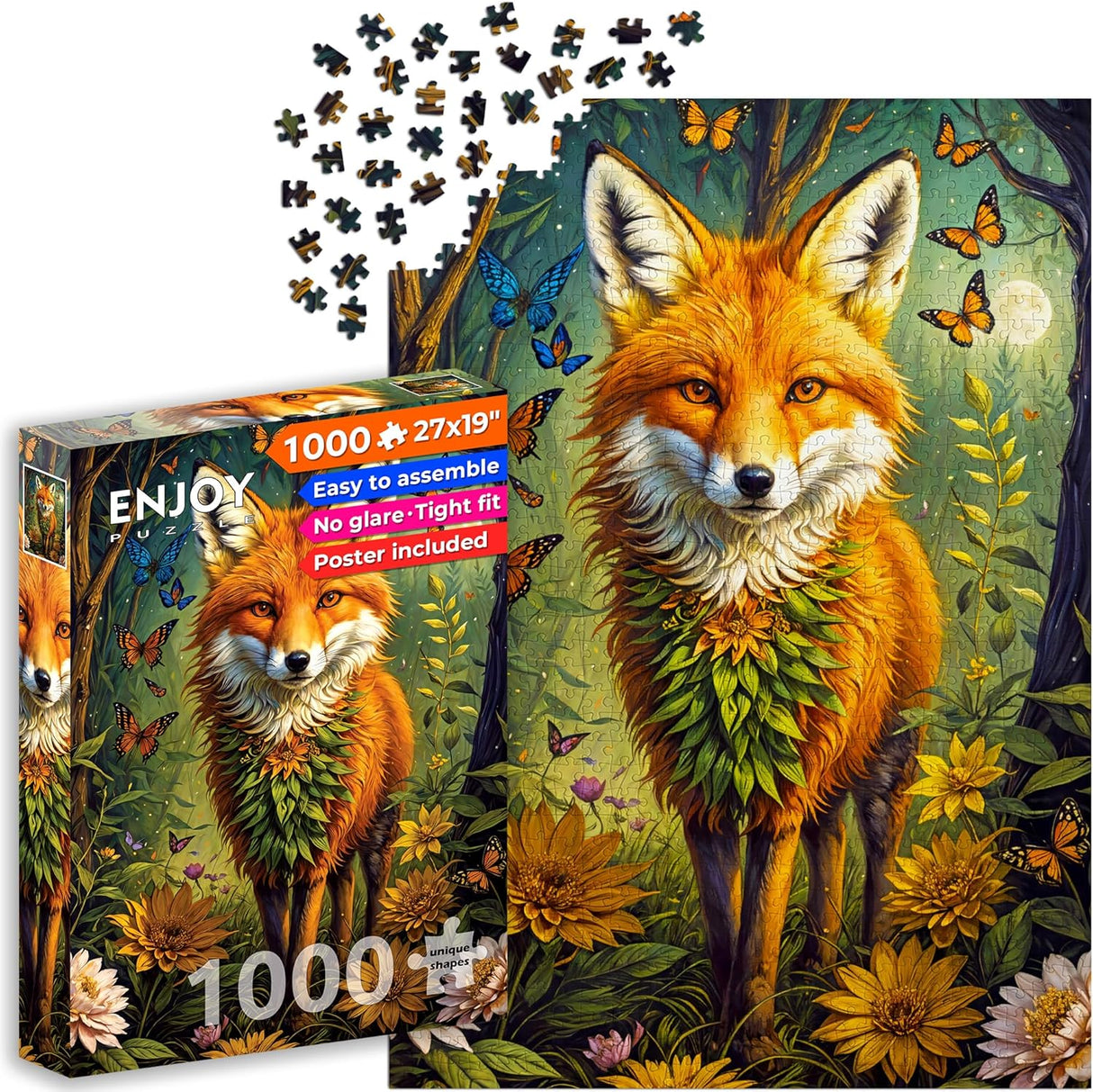 Enjoy Puzzle - 1000 Unique Shaped Pieces - image of a fox with butterflies, flowers upon his fur and around him