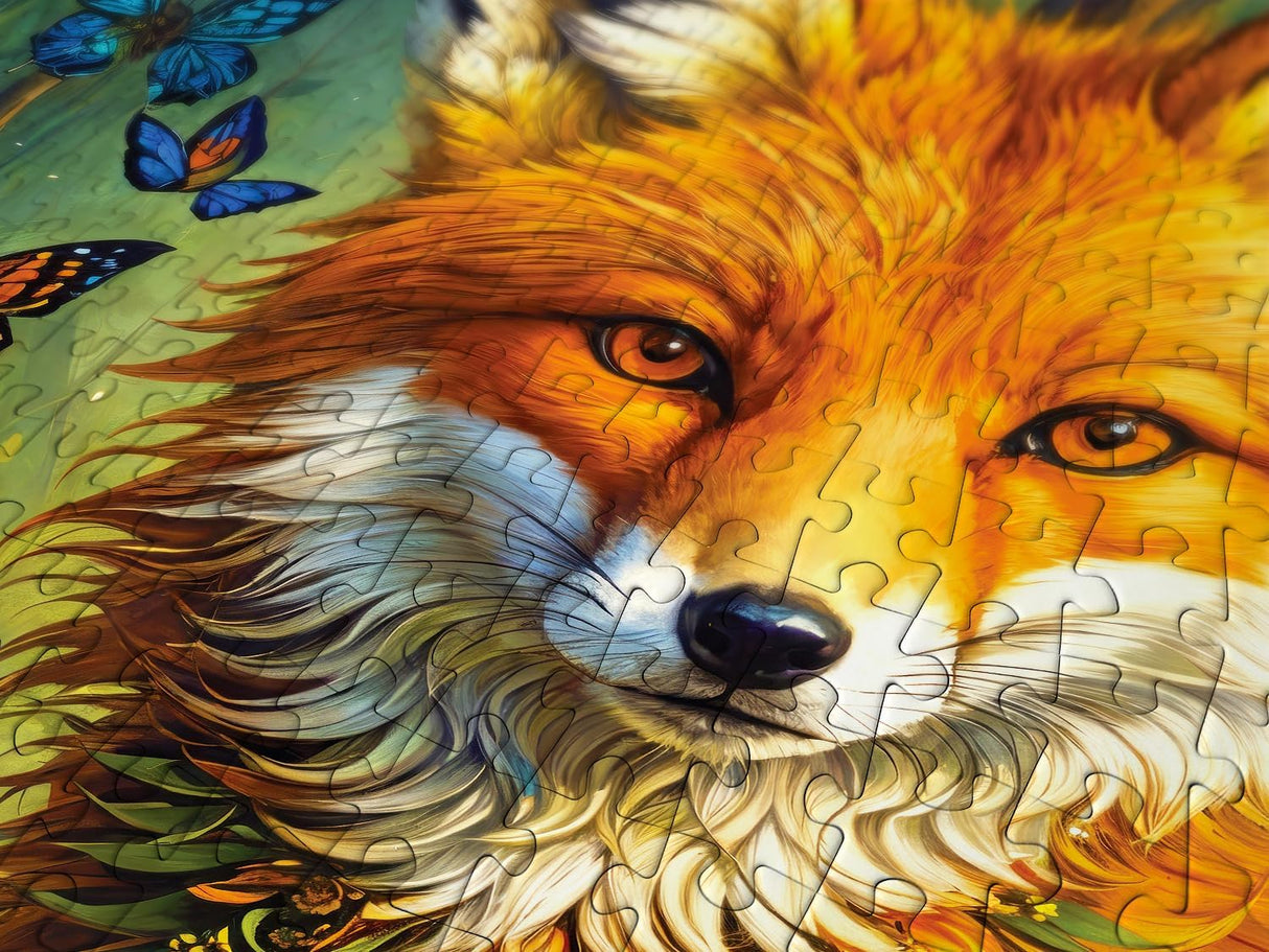 Closeup of fox's face, orange eyes