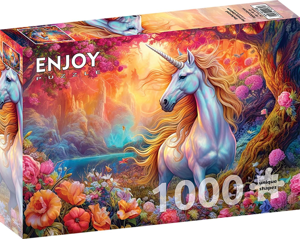 Enjoy Puzzle - 1000 Unique Shaped Pieces - mage of an iridescent unicorn standing amidst colorful flower blooms near a pond in a magic forest