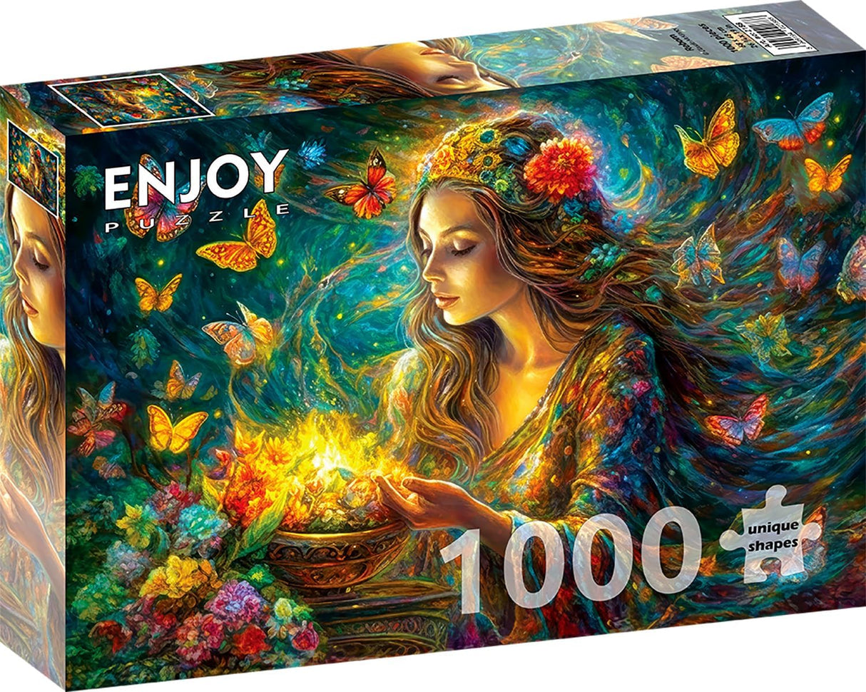Enjoy Puzzle - 1000 Unique Shaped Pieces - image of woman with glowing bowl, butterflies and flowers all around in rainbow colors