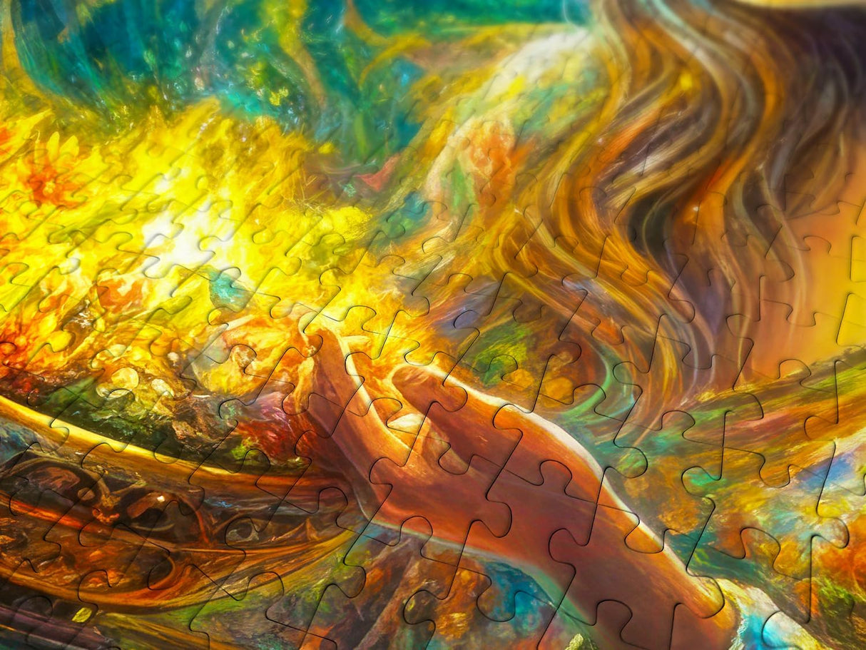 Closeup of puzzle pieces, glowing bowl and woman's hand