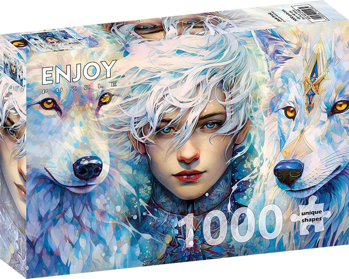Enjoy Puzzle - 1000 Unique Shaped Pieces - image of white-haired blue eyed Jack Frost boy in center, flanked by two white wolves