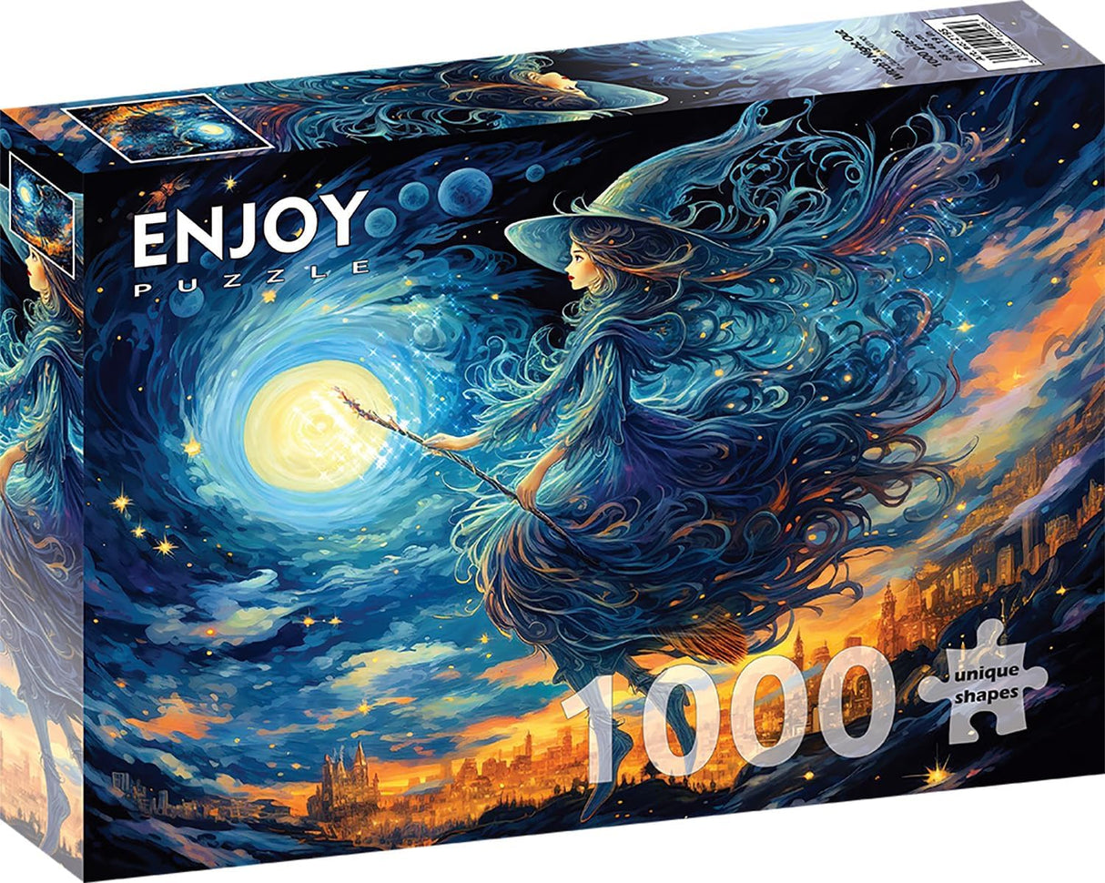 Enjoy Puzzle - 1000 Unique Shaped Pieces - witch flying across sky with full moon and city below