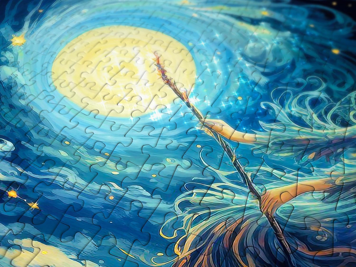 Closeup of puzzle pieces, moon and witch broom