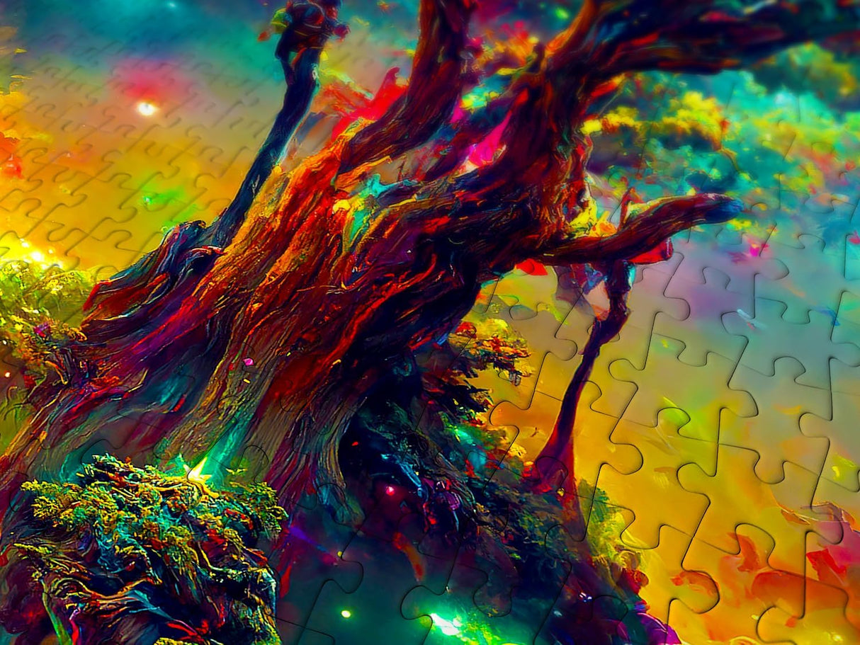 closeup of puzzle pieces, trunk of tree with rainbow glow