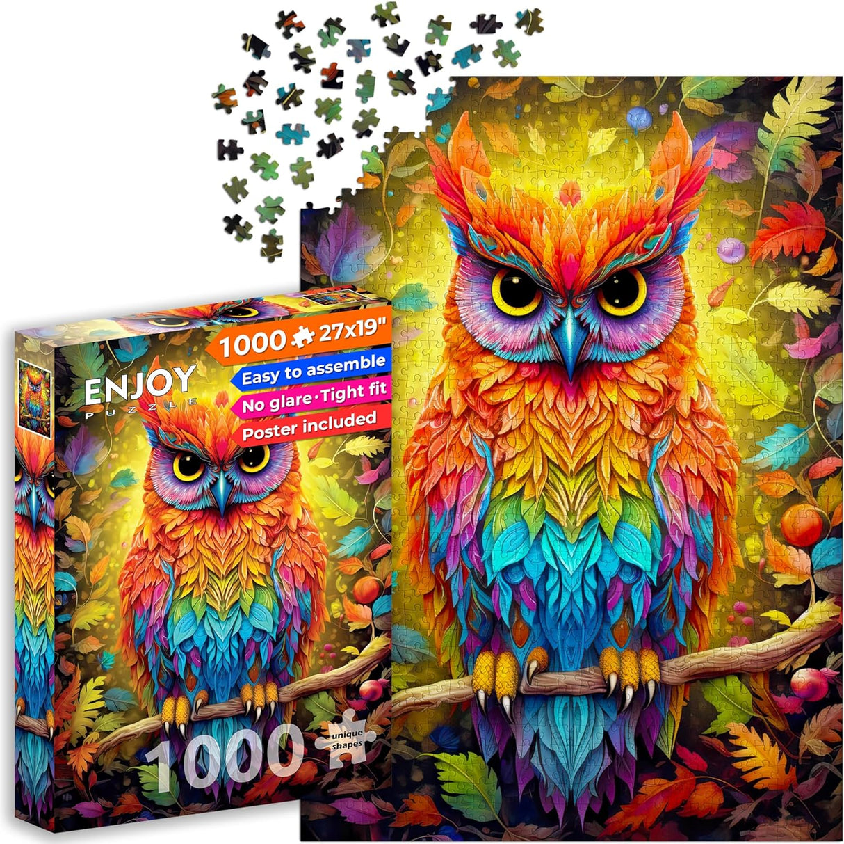 Enjoy Puzzle - 1000 Unique Shaped Pieces - image of a rainbow owl with leaves