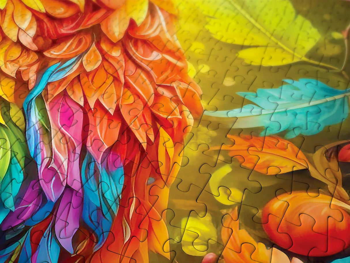 Closeup of rainbow owl feathers and leaves on puzzle pieces