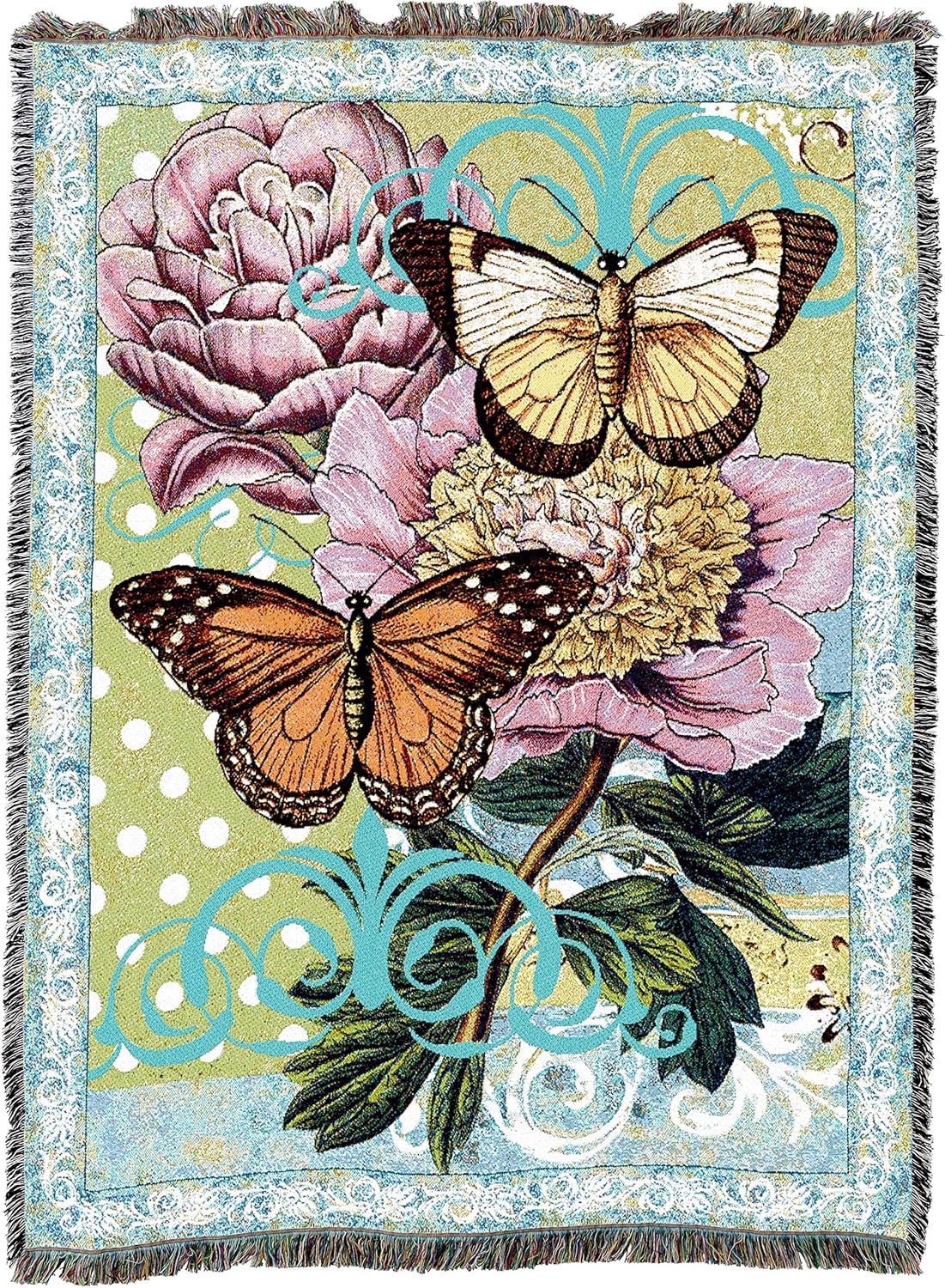 Tapestry blanket with orange and yellow butterflies in front of pink flowers on a background with dots and swirls in blue and pale gold