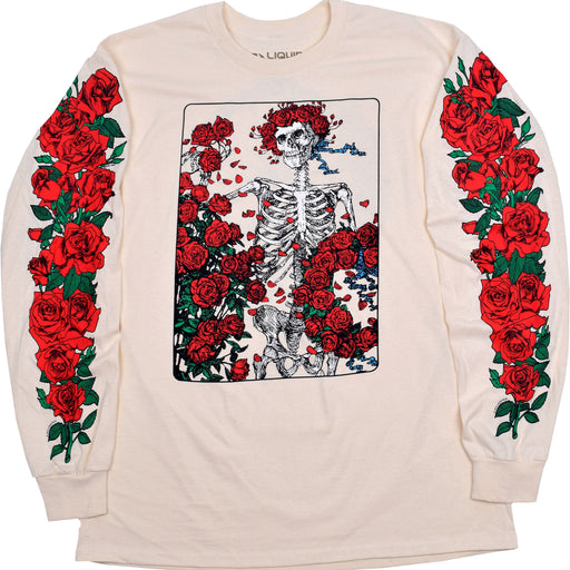 Long sleeved shirt, skeleton on front with red roses, flowers also on arms