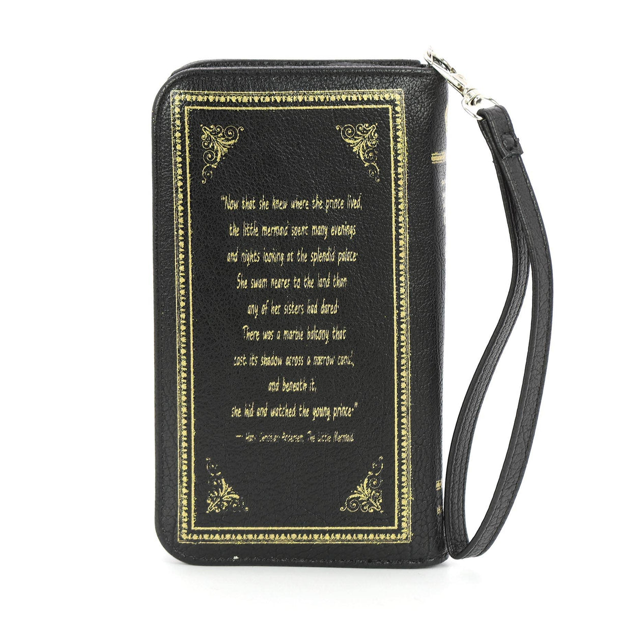 Black book-shaped wallet with gold text and design