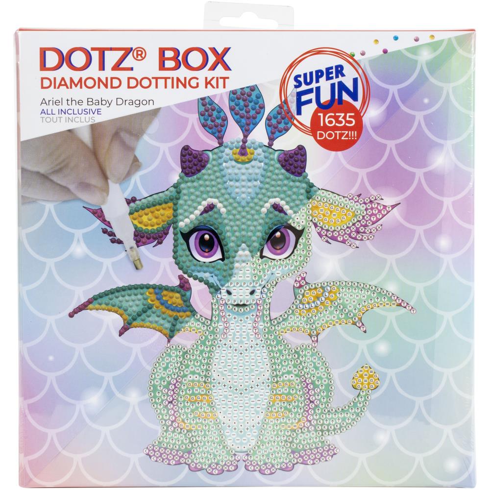 Front of Dotz Box: Diamond Dotting Kit for Ariel the Baby Dragon, all inclusive with 1635 dotz, super fun! Shows a green baby dragon design