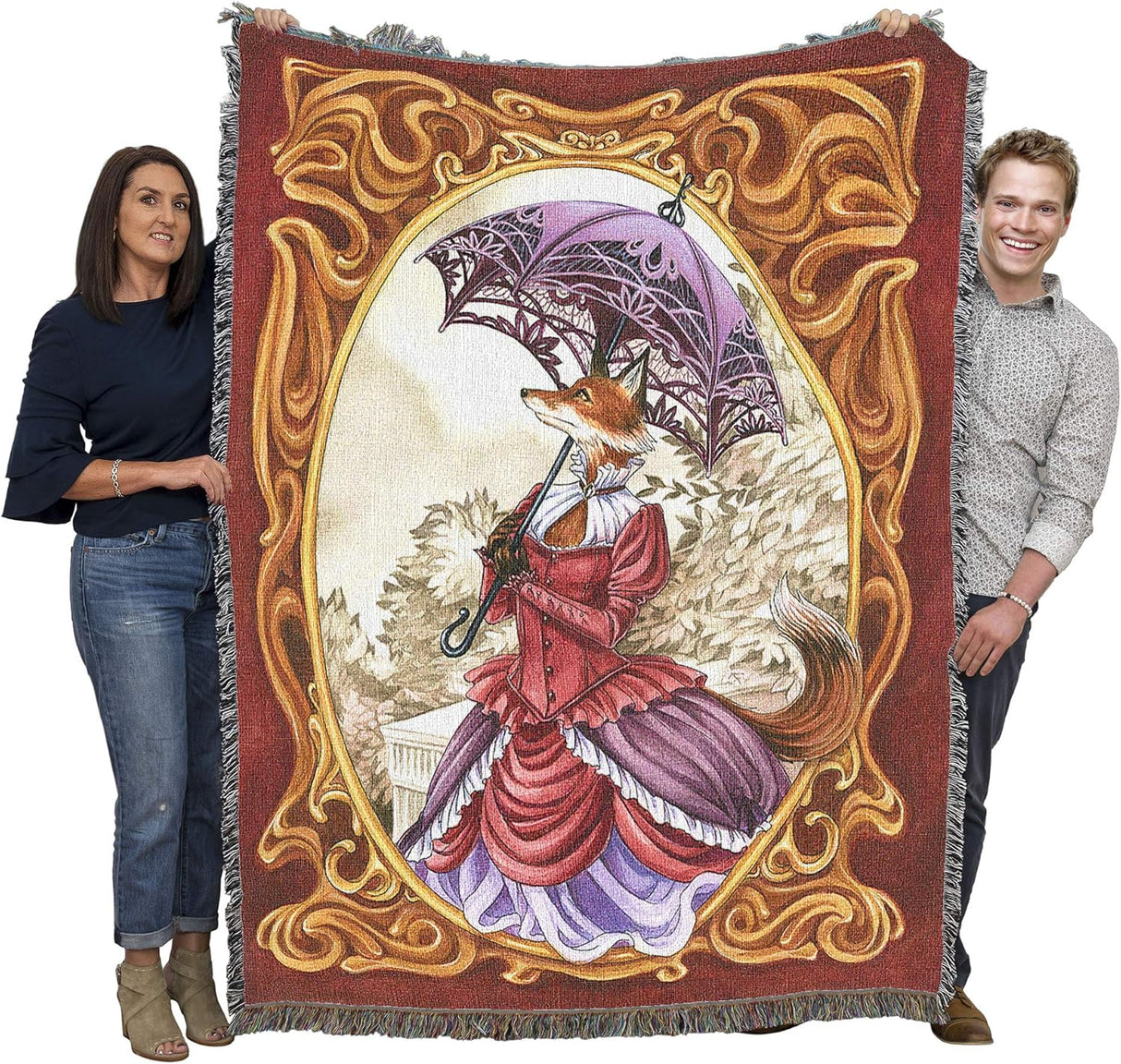 Tapestry blanket showing fox woman in Victorian dress with parasol, held by two adults to show large size