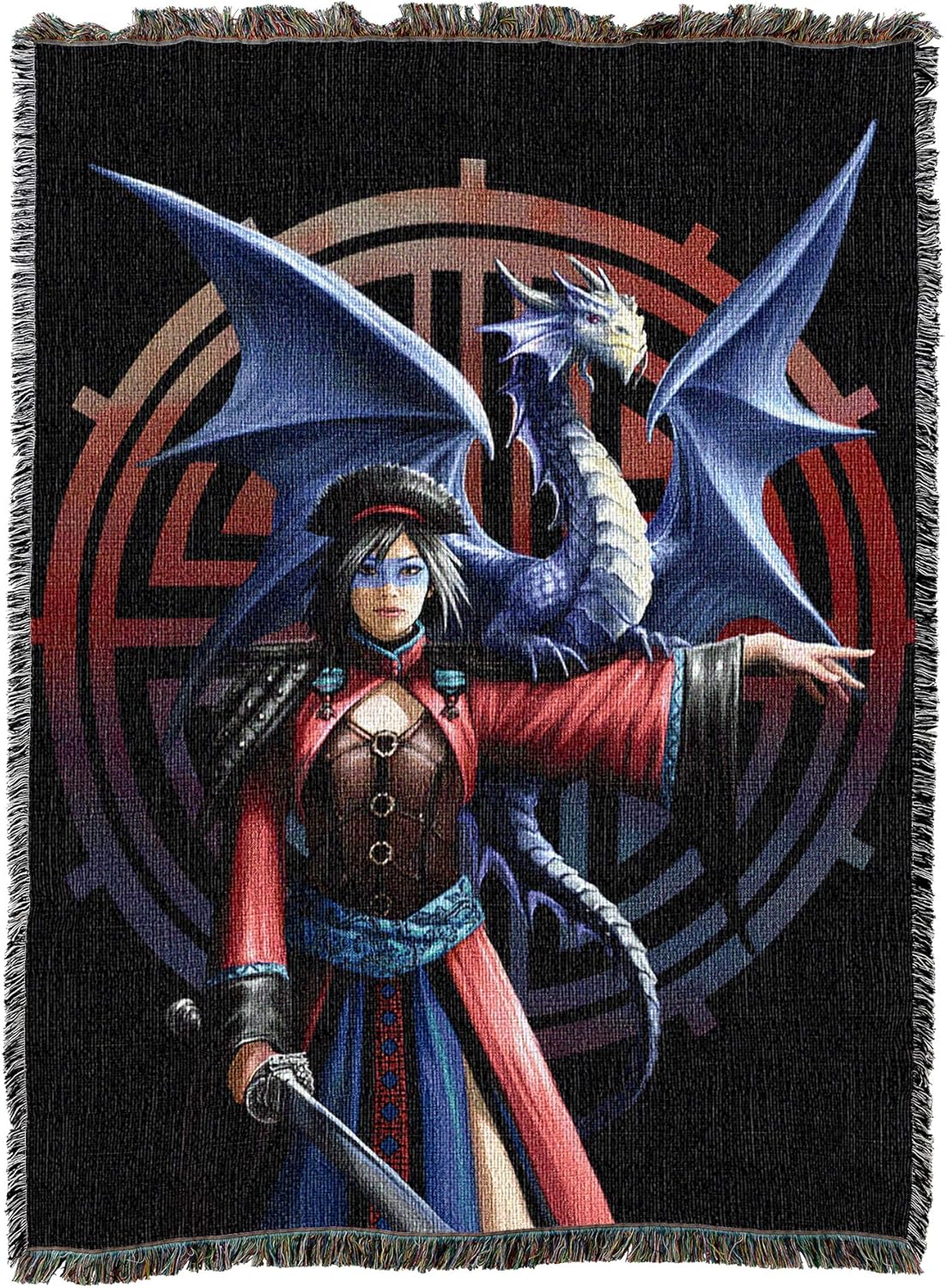 Woven blanket with a fantasy design of a dragon and warrior woman pointing, featuring a dark background with red and blue gradient symbol
