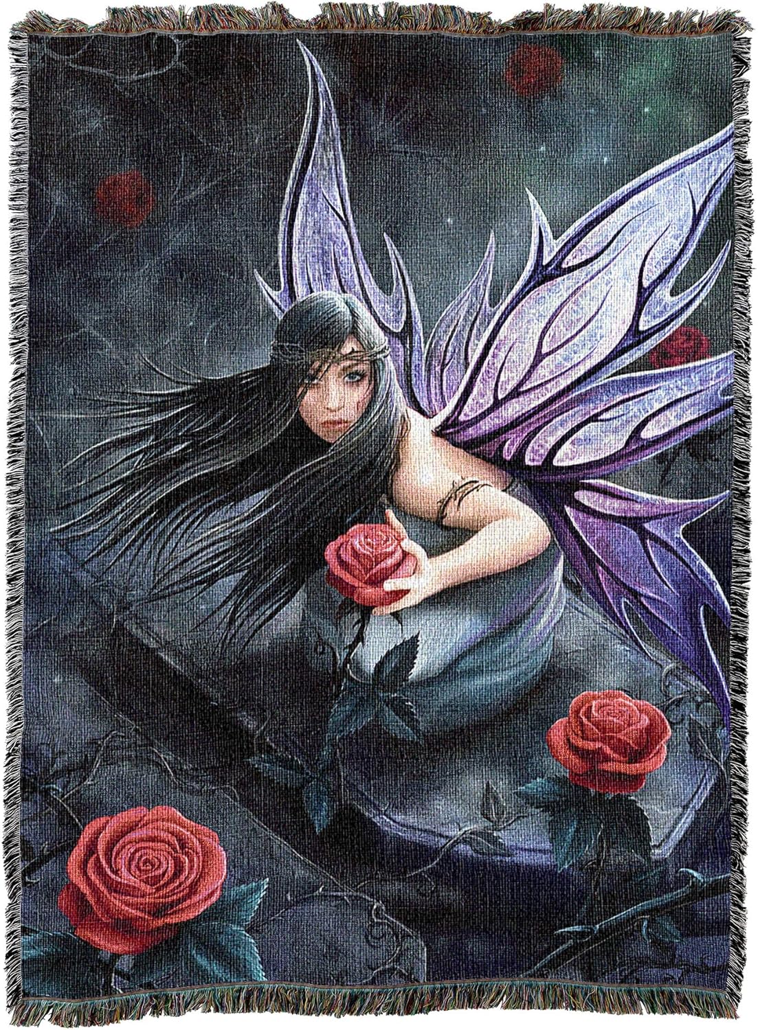 Tapestry blanket showing Fairy with purple wings, black hair holding a red rose with thorns on a gravestone. Art by Anne Stokes
