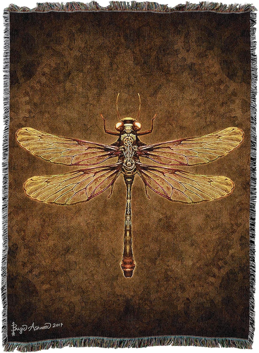 Woven tapestry blanket with Steampunk Dragonfly artwork on a textured brown background