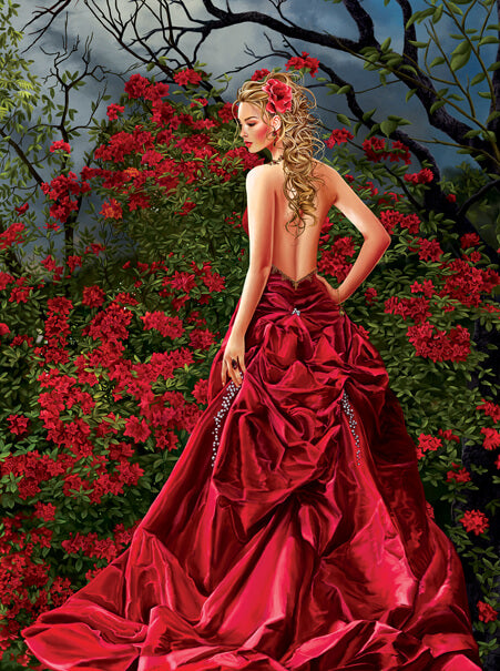 Jigsaw Puzzle by Nene Thomas of blond woman in red in front of crimson blossoming bush