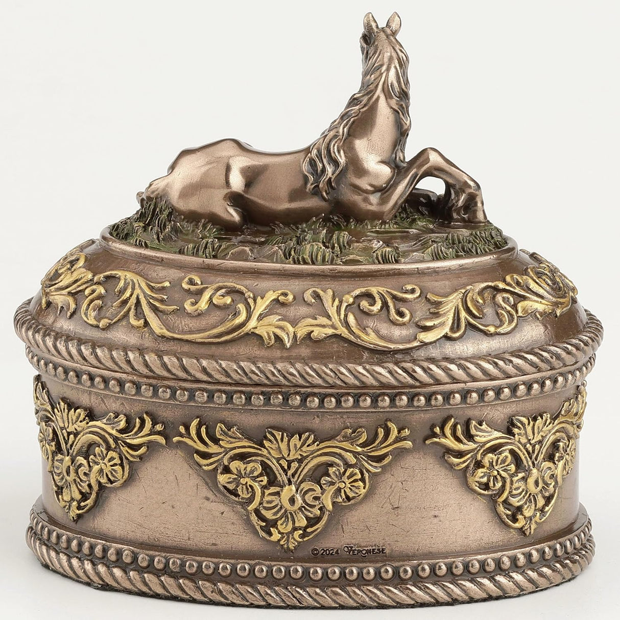 Decorative box with a horse figurine on top, featuring intricate gold detailing.