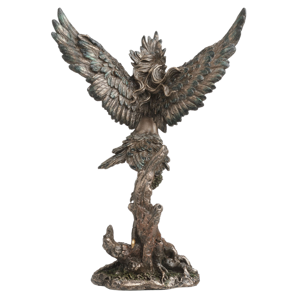 Statue of a feather winged harpy woman on a tree stump with talon feet, shown from the back