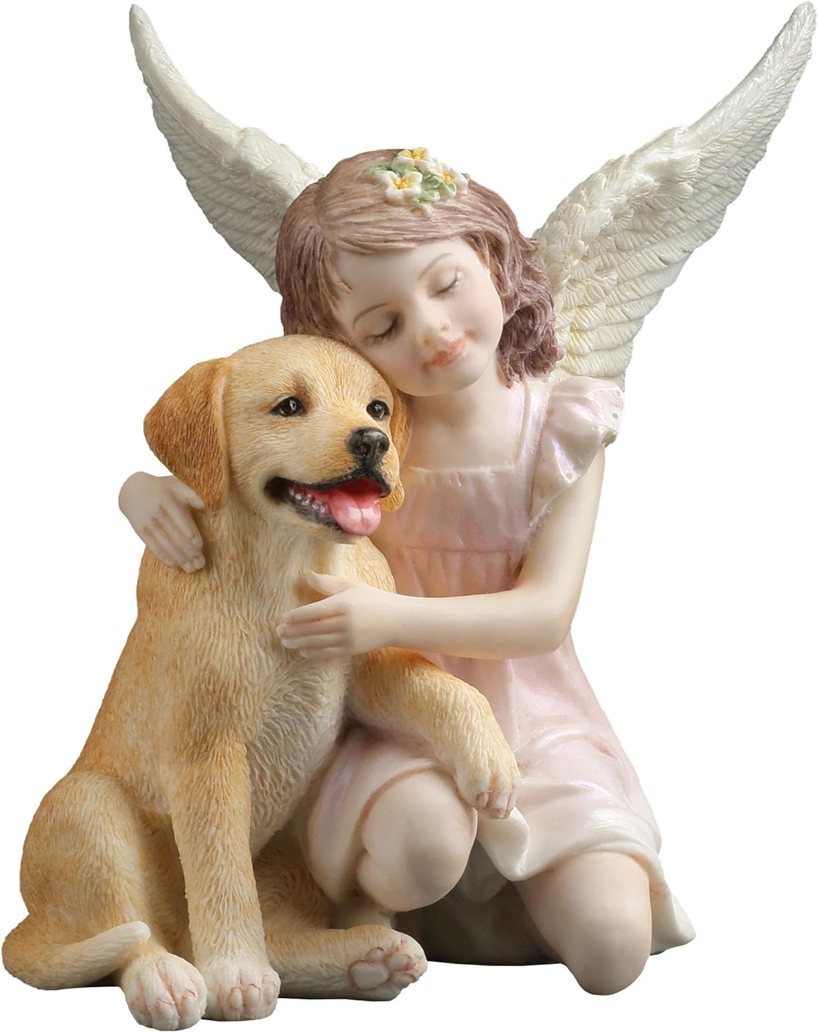 Statue of a girl with angel wings hugging a dog