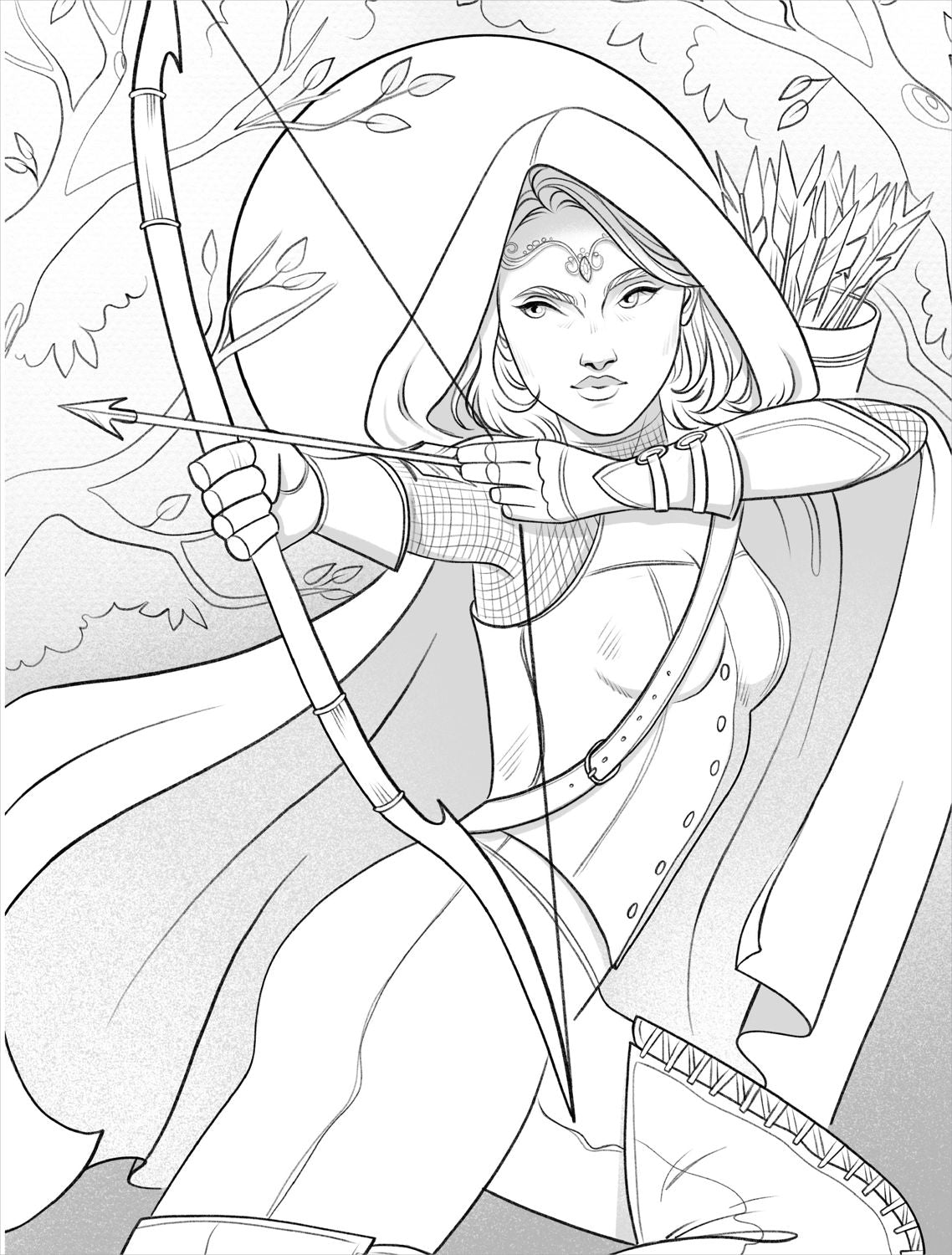 Coloring page of a woman with a bow and arrow in a forest setting