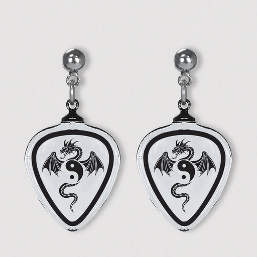 Glass earrings with guitar pick shape, yin yang black and white dragon designs, post studs