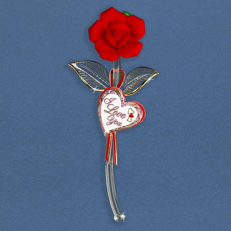 Glass red rose with clear stem embellished in 22kt gold and "I Love You" tag
