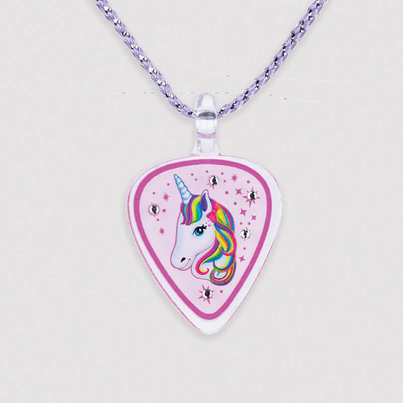 Glass necklace shaped like a guitar pick, pink with rainbow-maned unicorn and crystals