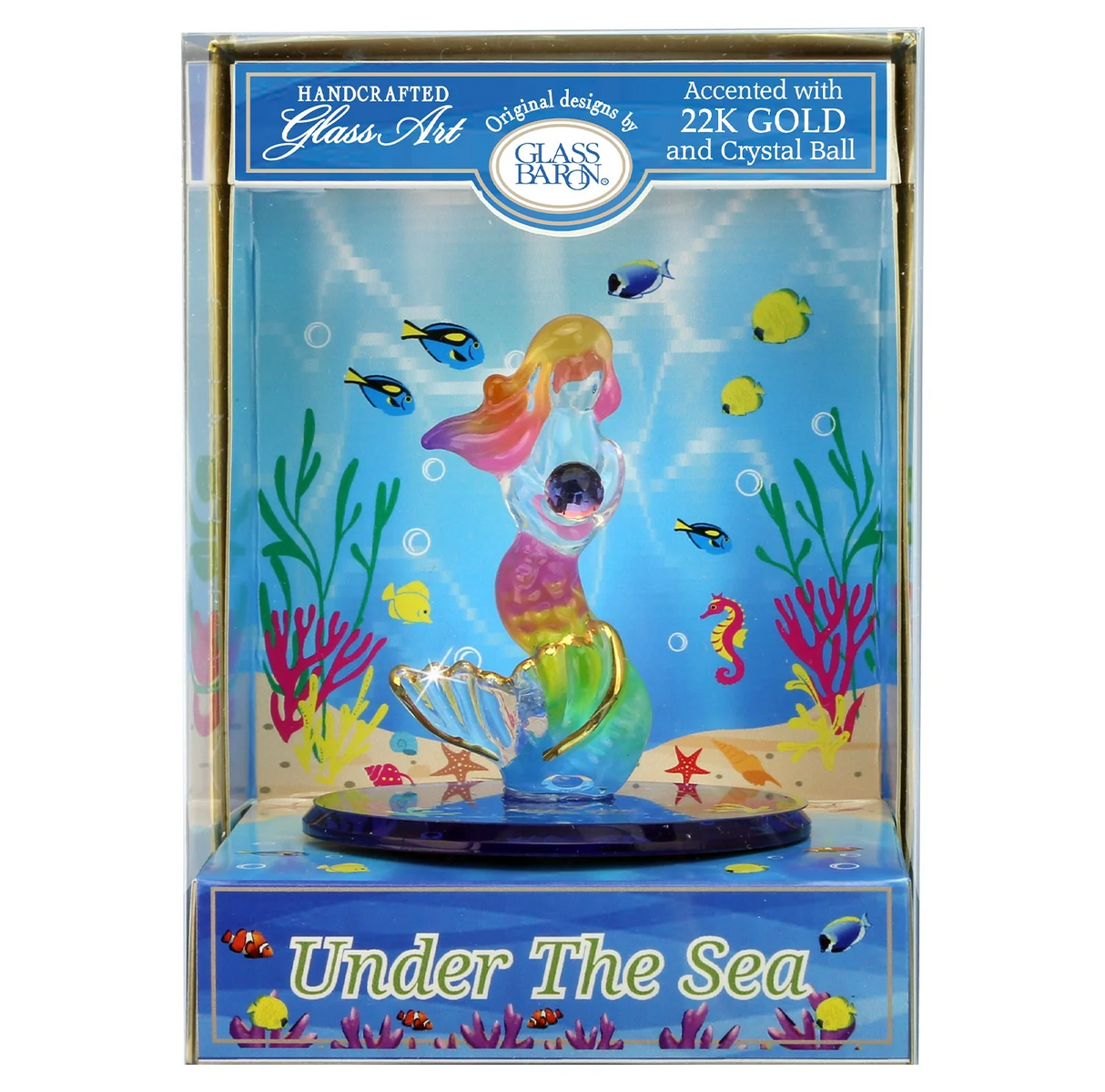 Mermaid figurine in packaging with 'Glass Baron' branding and underwater scene design.
