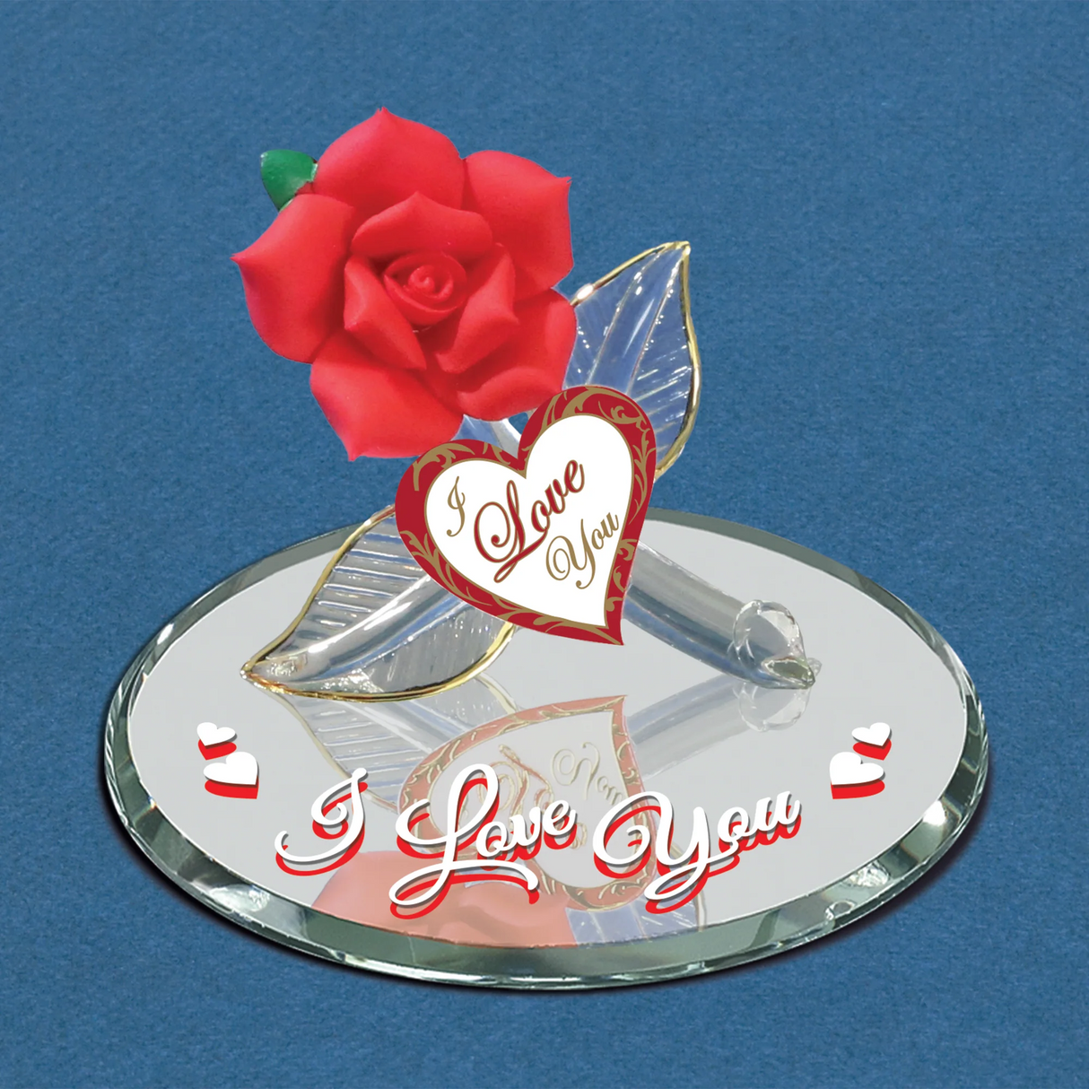 Glass figurine of a red rose with gold accents and I Love You heart, plus text on the mirror base