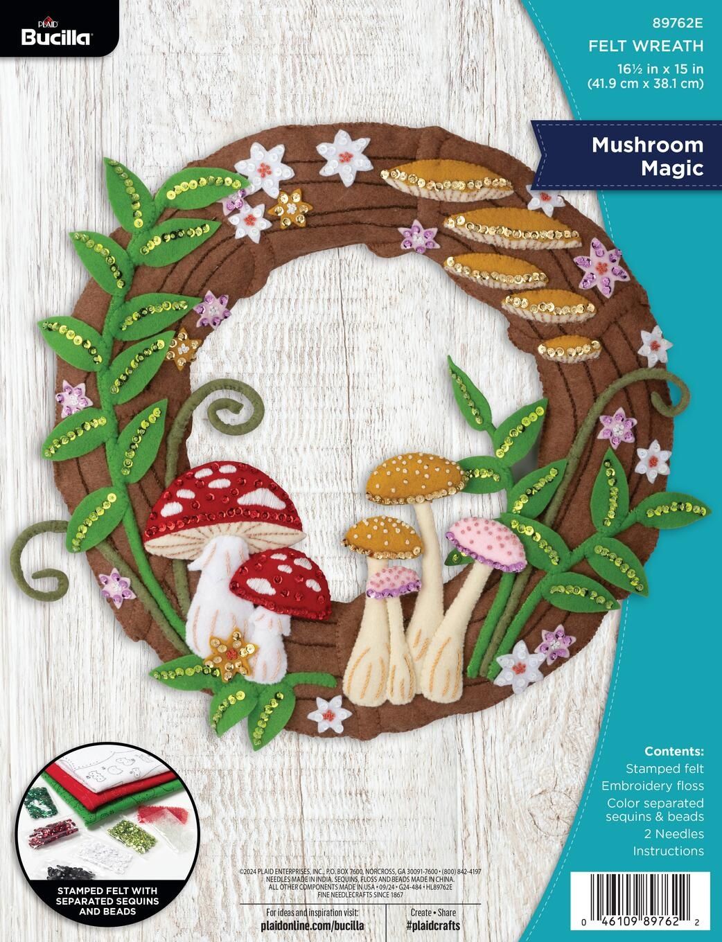 Felt wreath kit with mushrooms and flowers, featuring Bucilla branding.
