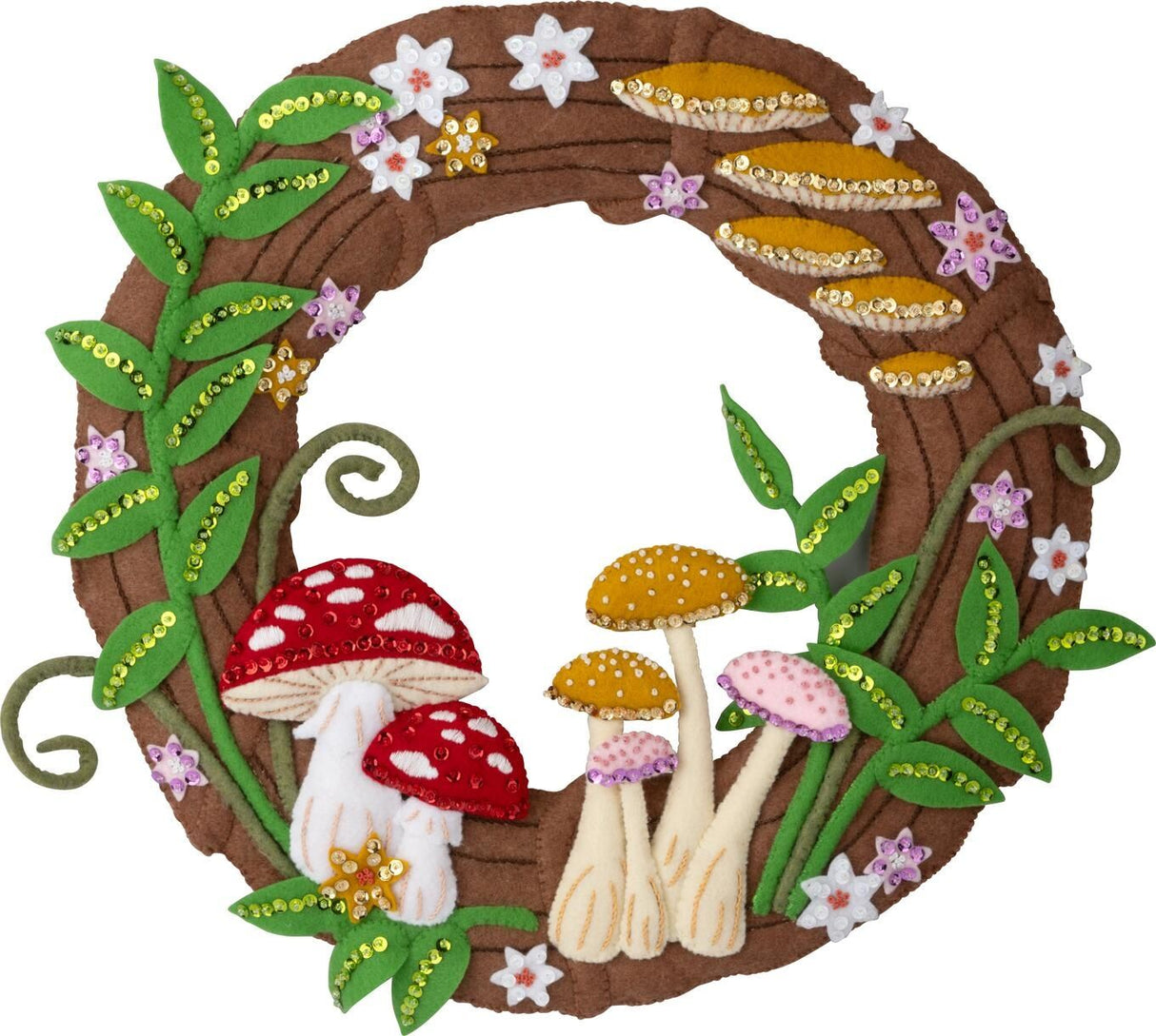 Decorative felt wreath with mushrooms and flowers on a white background