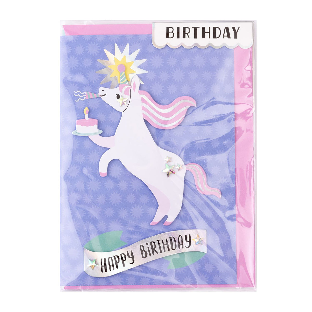 Birthday card with unicorn design and matching envelope