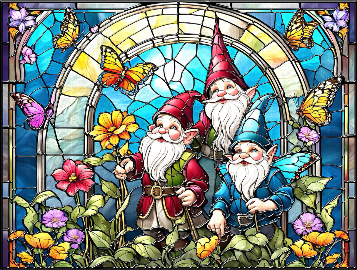 Jigsaw puzzle with three gnomes in blue and red in flower garden with butterflies, done stained glass style
