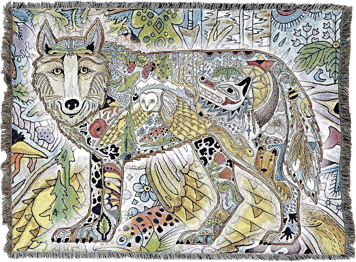 Woven blanket with a colorful design of a wolf and nature elements.