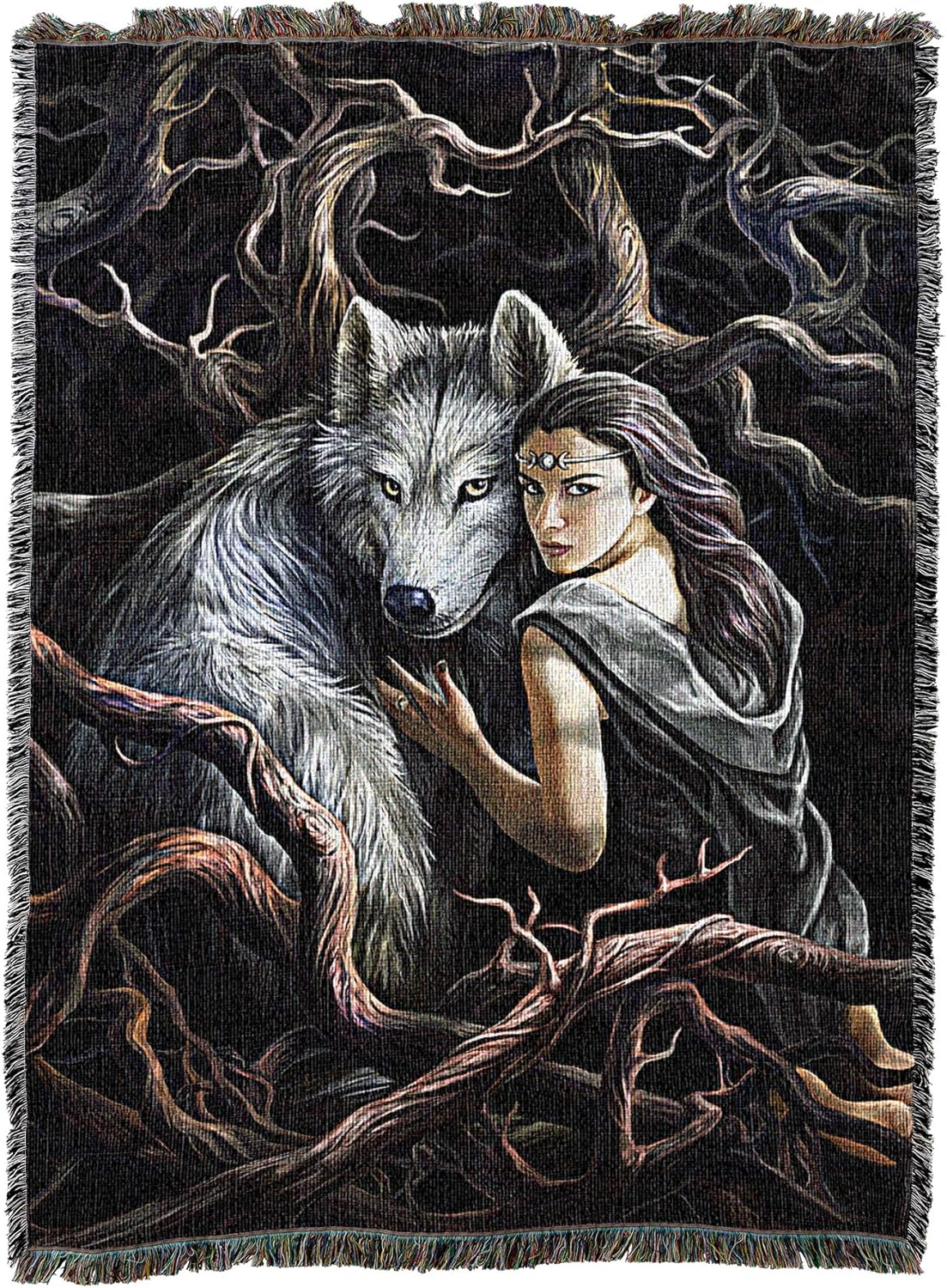 Tapestry blanket, black background, gray wolf with dark haired woman amidst vines and roots/branches