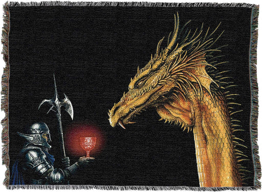 Tapestry blanket, black background with gold dragon looking at glowing red chalice held by knight with polearm in shining silver armor