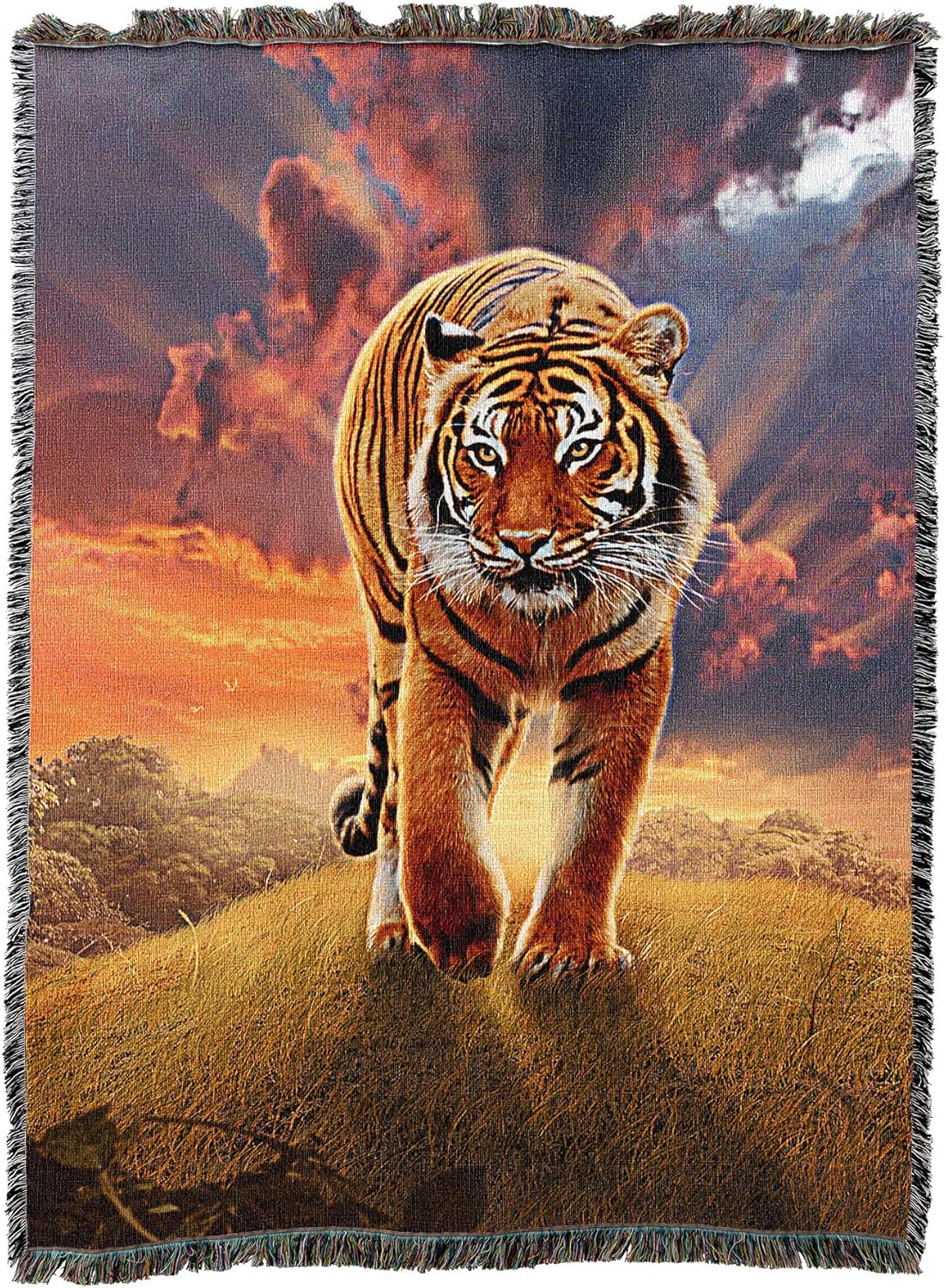 Tapestry blanket by Vincent Hie, orange tiger stalking forward with sunset behind him